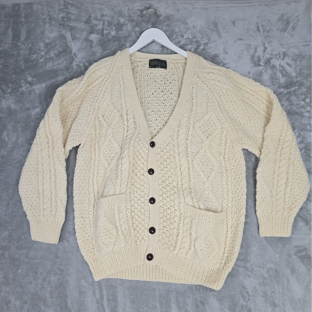 Edinburgh Tartan Shop Men's Chunky Knit Pure Wool Cardigan Sweater 46 XL Cream